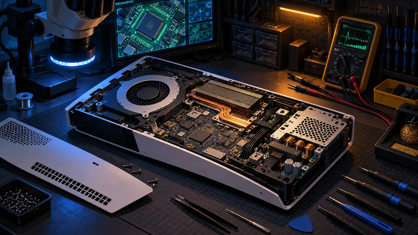 Modern games console undergoing electronic diagnostics