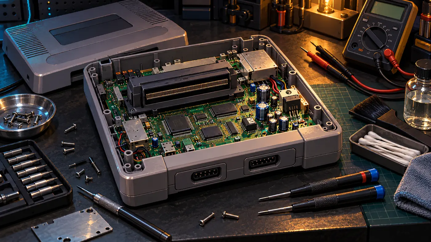 Opened classic games console on a repair bench